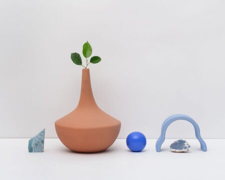 A minimalist display featuring a terracotta vase with green leaves and geometric objects.